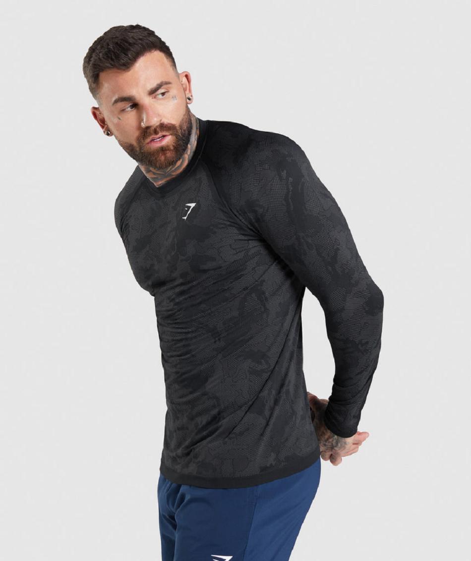 Gymshark Geo Seamless Muške Dugi Rukav Crne Sive | HR 2678CTV